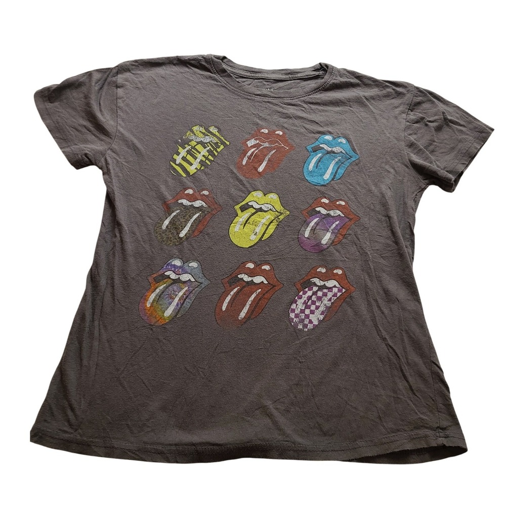The Rolling Stones Graphic Women's T-Shirt Gray Multi Tongue Logo Band Tee Small